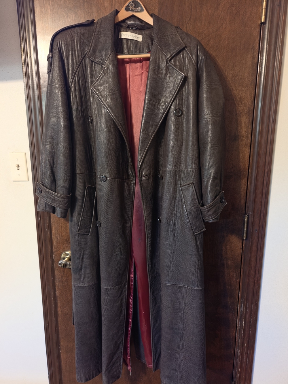 Andrew Marc Black Leather Double-Breasted Trench Coat with Burgundy Lining
